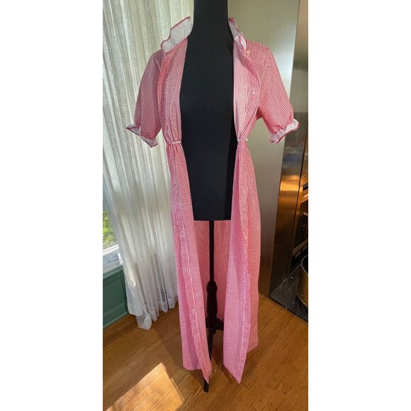 Vintage 70s dress, red striped long shirtdress with elastic waist, ruffled - Picture 8 of 9